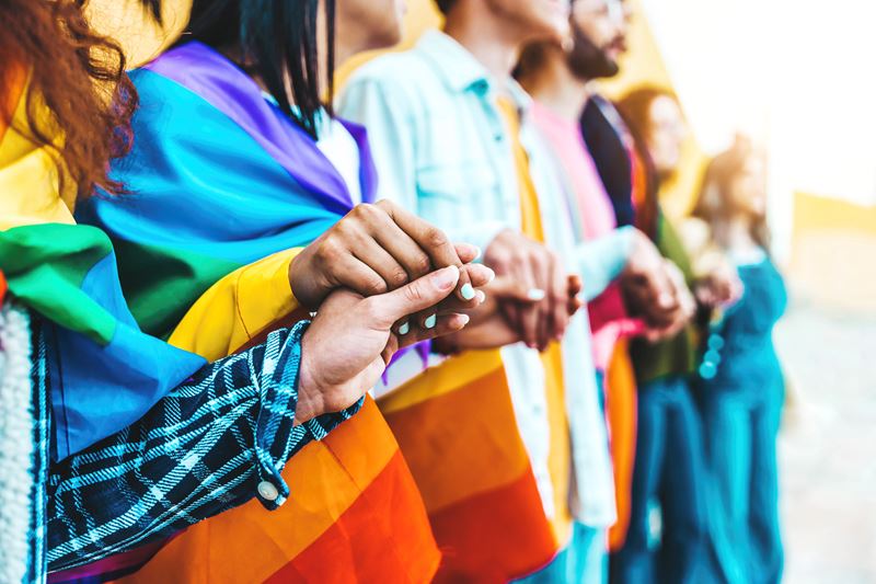 People holding hands while draped in the pride flag